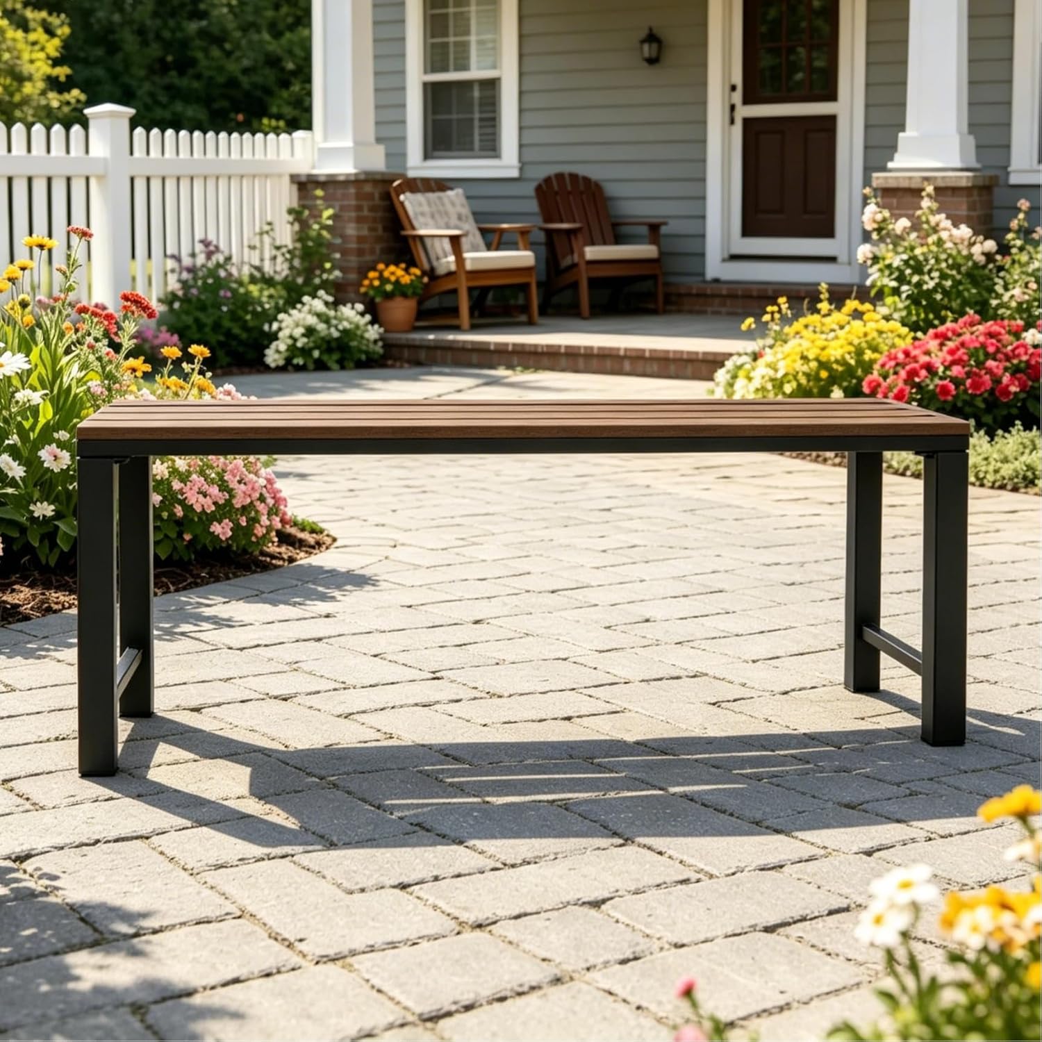 46" Outdoor Metal Backless Bench, All-Weather Patio Garden Bench for Backyard, Porch, or Lawn, Durable Steel Bench for Outdoor Spaces, Walnut