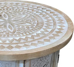 Benzara Accent Side Table, 18 Inch Round Mango Wood Top, Hand Carved Mandala Design, Natural Brown Finish, Rustic Accent End Table for Living Room, Bedroom, Entryway and Home Decor Display