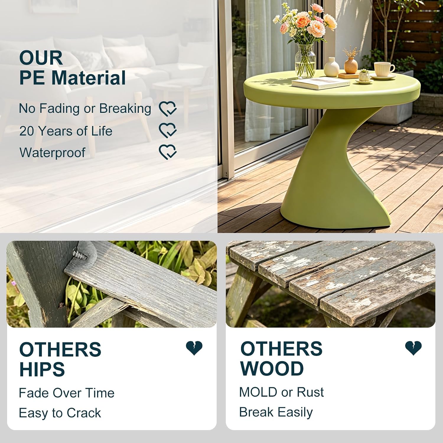 16" Modern Z-Shaped Round Side Table, Matcha Green Accent End Table, Unique PE Small Coffee Table for Living Room Bedroom, No Assembly Indoor/Outdoor Nightstand