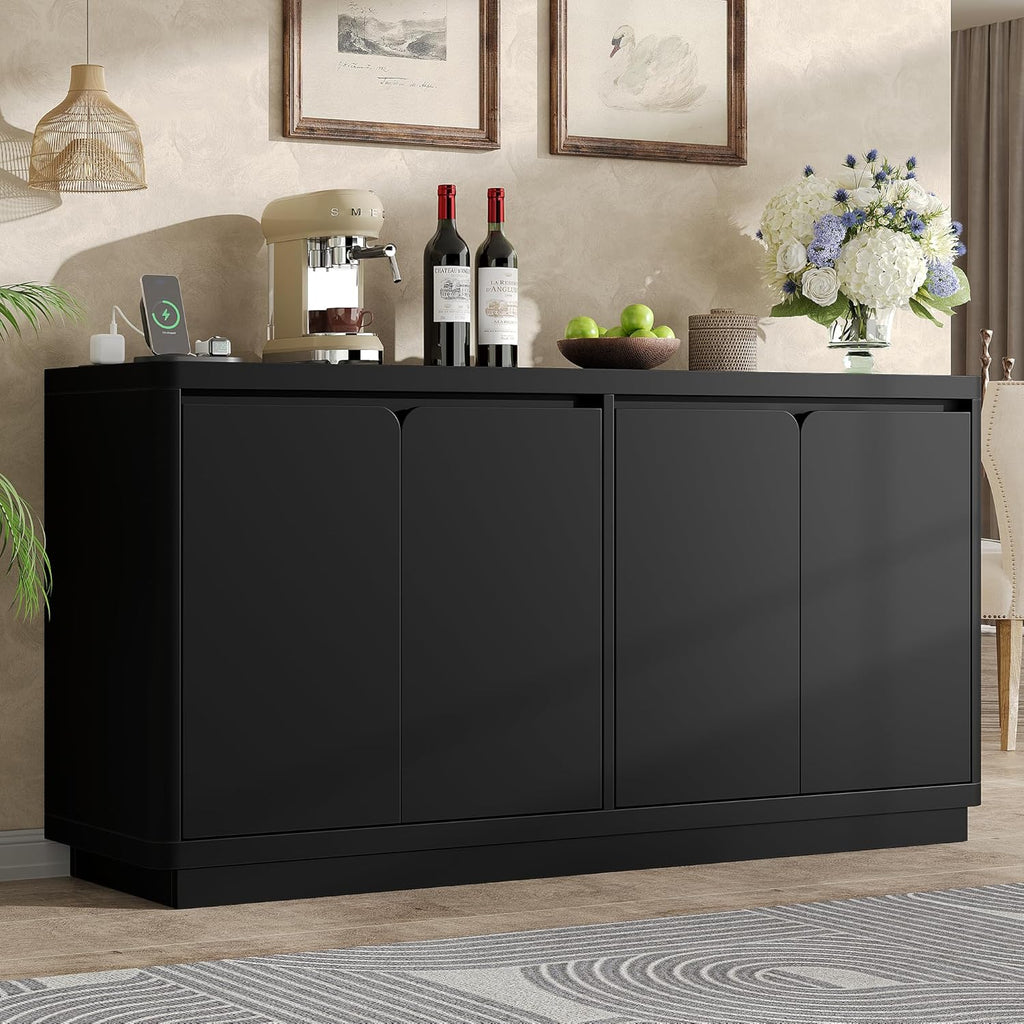 knoworld 63" Buffet Cabinet with Storage & Power Outlet, Wood Sideboard Credenza with Double-Arc Doors, Modern Coffee Bar Console Table for Kitchen Dining Room, Black