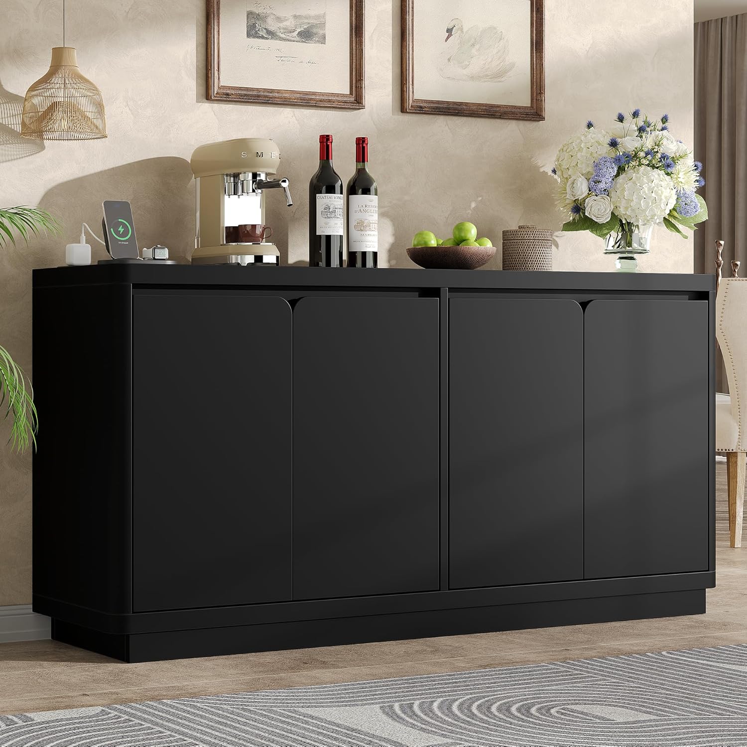 knoworld 63" Buffet Cabinet with Storage & Power Outlet, Wood Sideboard Credenza with Double-Arc Doors, Modern Coffee Bar Console Table for Kitchen Dining Room, Black