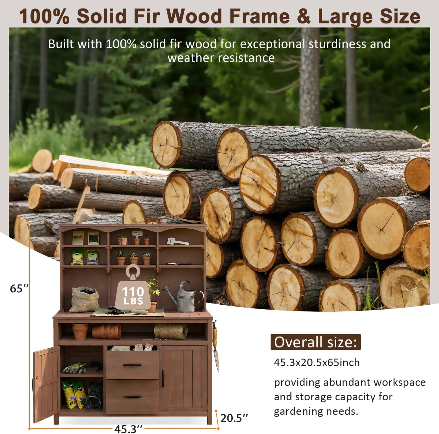 Large Fir Wood Potting Bench with Storage