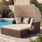 HAPPYGRILL Outdoor Wicker Lounge Daybed, Hand-Woven PE RattanDaybed, Patio Loveseat Sofa Set with Retractable Canopy & Side Table, Outdoor Sun Lounger with Soft Cushion