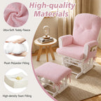 Boshen 5PCS Glider Rocker Replacement Cushions with Ottoman Cover, Tufted High Back & Teddy Plush Rocking Chair Cushion Set, Thickened 3.5'' Glider Cushions with Side Pockets for Indoor Nursery, Pink