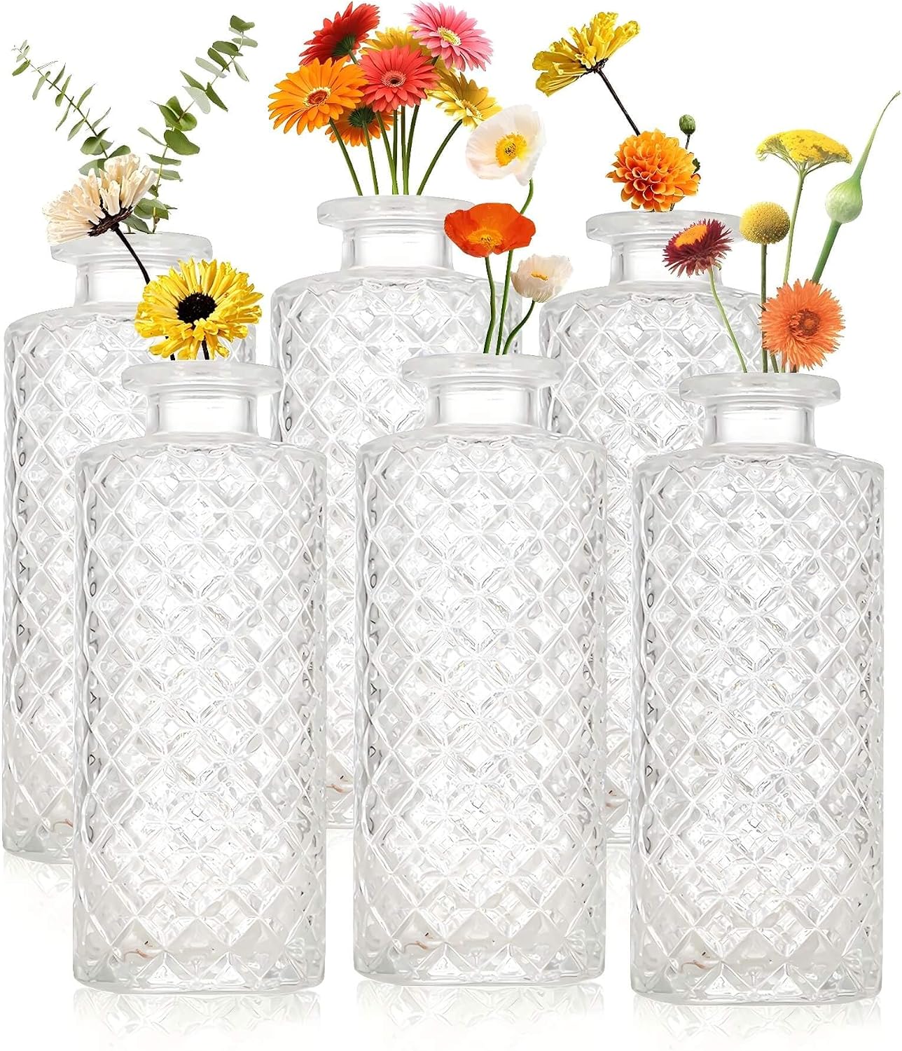 Glass Bud Vase Set of 6 Pcs, Vintage Clear Small Vases for Flowers, Glass Bud Vases in Bulk, Mini Vase for Centerpieces, Wedding, Home Decor and Events
