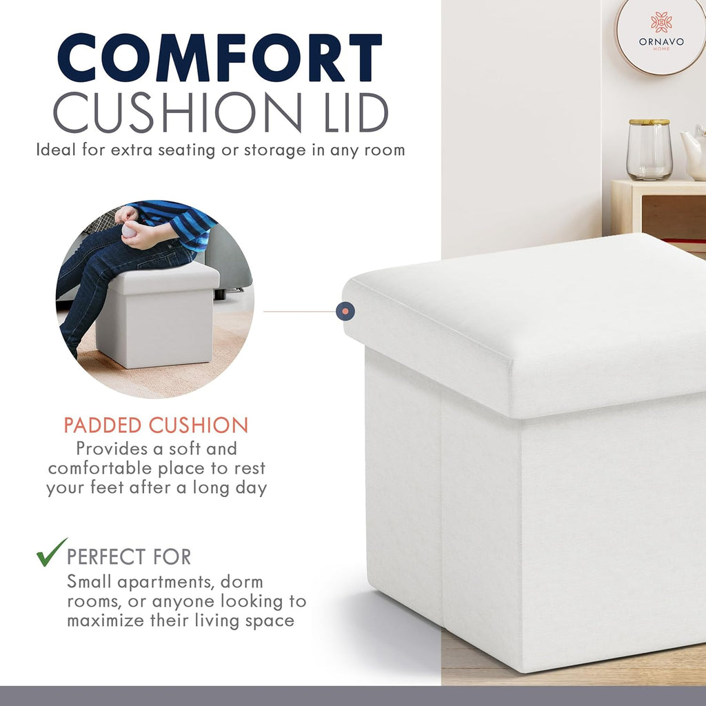 Ornavo Home Small Square Storage Ottoman, Foldable Linen, 12x12x12, White | Collapsible Cube Design; Foot Rest Stool Seat; Ideal for Living Room, Bedroom, Home Office or Dorm