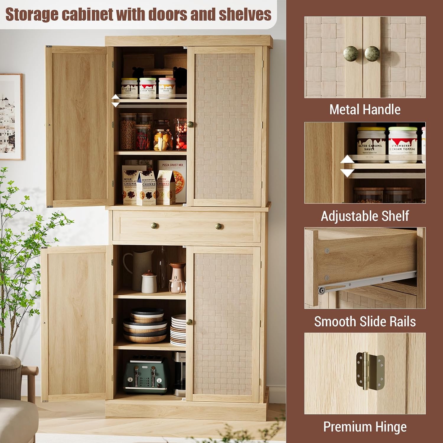 Kitchen Pantry Cabinet with 4 Doors and Adjustable Shelves, 72" Tall Farmhouse Storage Pantries with 1 Drawer for Living Room, Dining Room