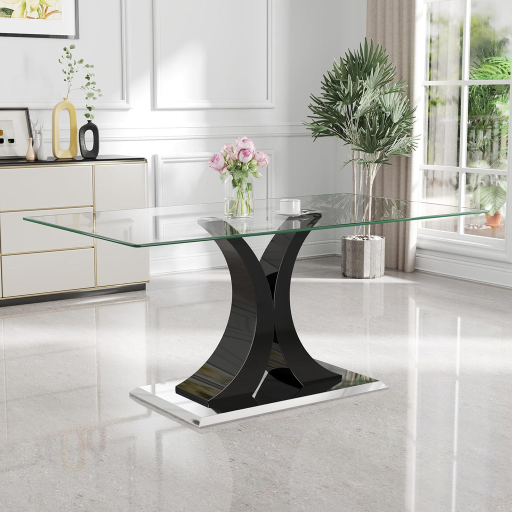 Modern Luxury Glass Dining Table for 4-6, 63'' Clear Minimalist Glass Top Kitchen Table, Large Apartment Rectangle Dinner Room Table with Black MDF & Silver Stainless Steel Base, for Home