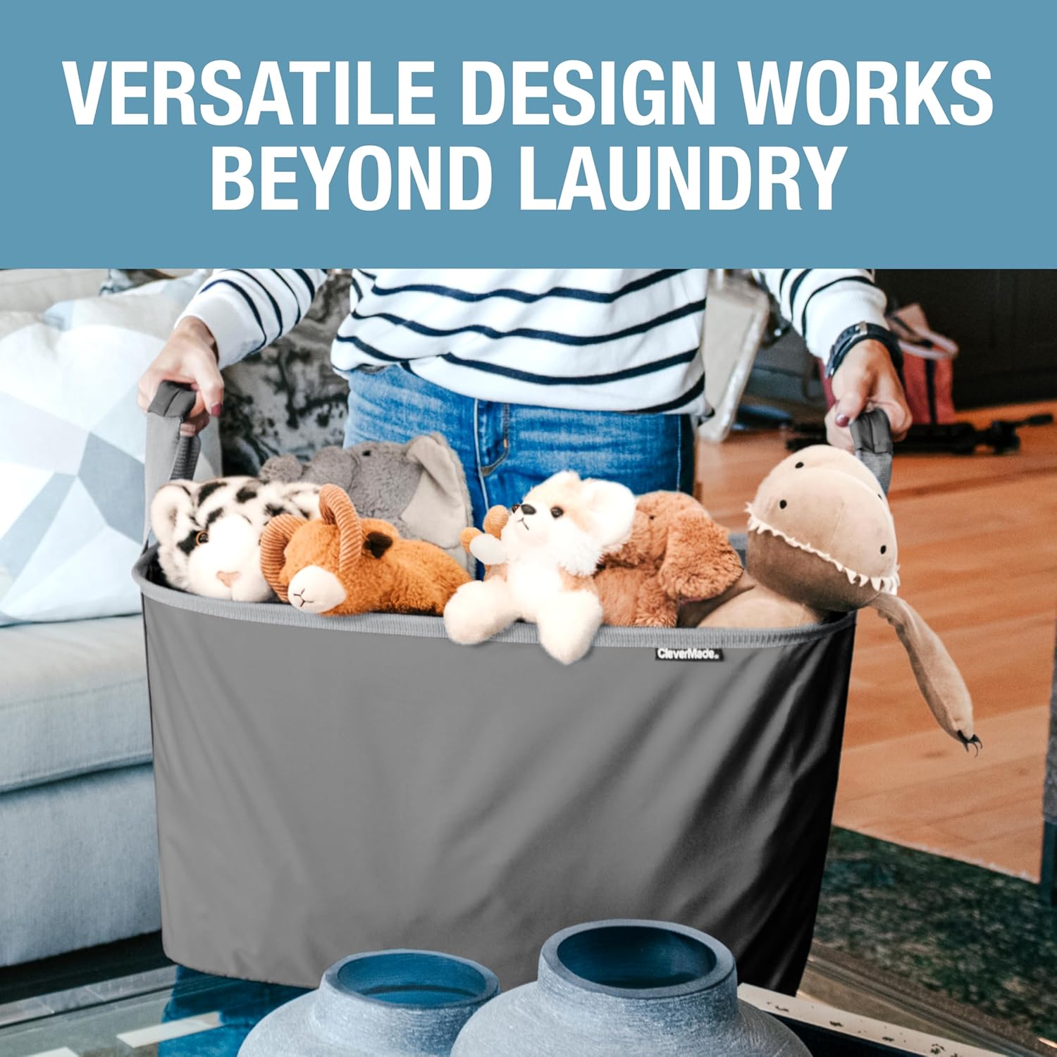 CleverMade Collapsible Laundry Basket LUXE 2 Pack – 60 L (16 Gal) Foldable Cotton Blend Clothes Hamper with Vegan Leather Accents, Reinforced Handles, Space Saving Laundry Bin Holds 55 lbs - Cream
