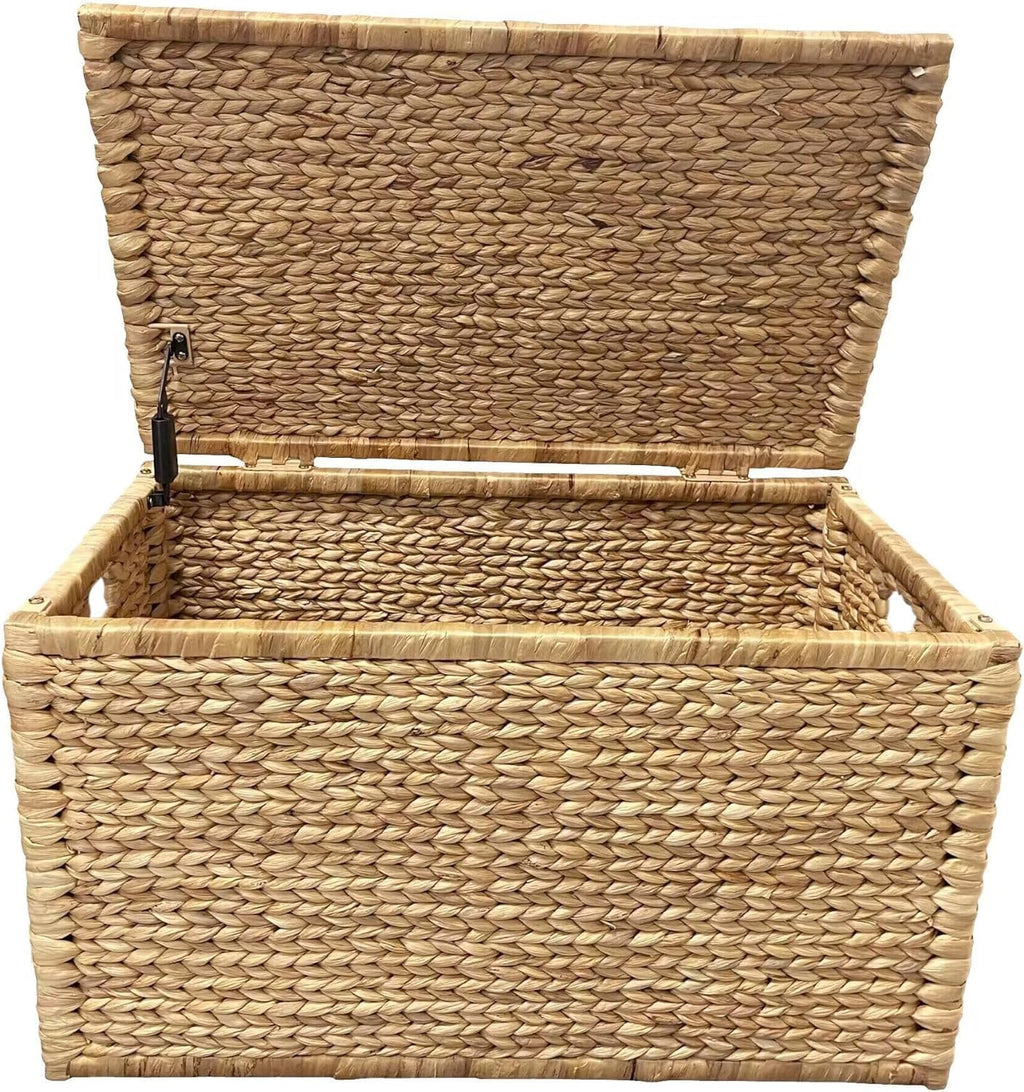 eHemco Water Hyacinth Wicker Storage Trunk with Metal Frame, Decorative Blanket Chest & Storage Box, Farmhouse Woven Storage for Bedroom, Living Room & Entryway, Natural, 30 x 17.5 x 17.5 Inch