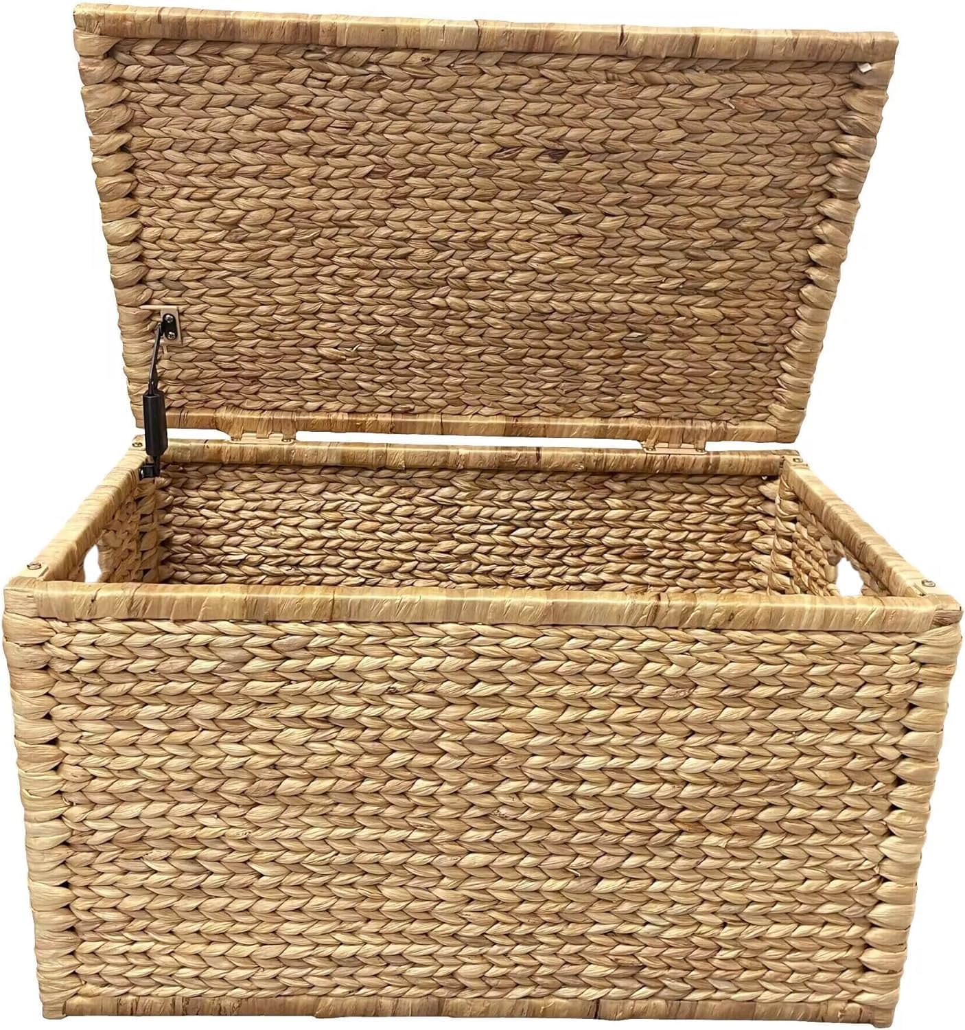 eHemco Water Hyacinth Wicker Storage Trunk with Metal Frame, Decorative Blanket Chest & Storage Box, Farmhouse Woven Storage for Bedroom, Living Room & Entryway, Natural, 30 x 17.5 x 17.5 Inch