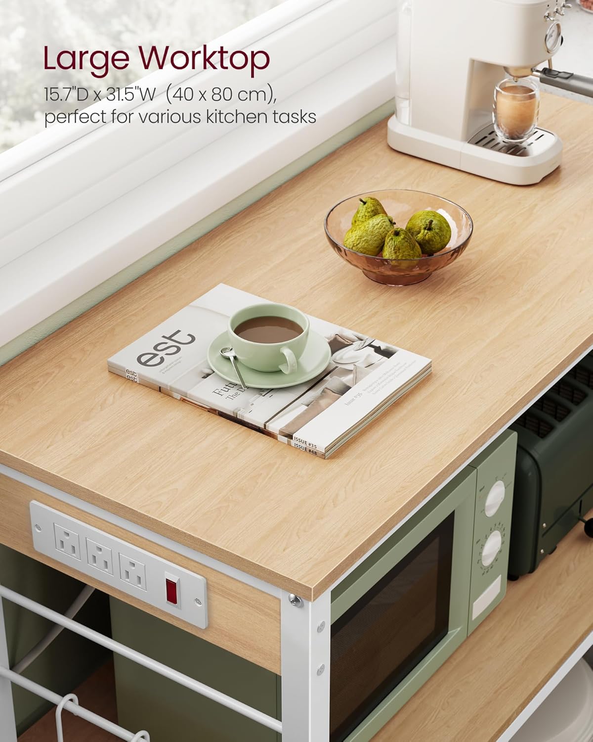 VASAGLE Kitchen Island with Power Strip, Microwave Oven Stand, Kitchen Shelf, Baker's Rack with 3 Open Shelves, 6 Hooks, Metal Frame, 15.7 x 31.5 x 35.4 Inches, Goldean Oak and White UKKI102YA02S