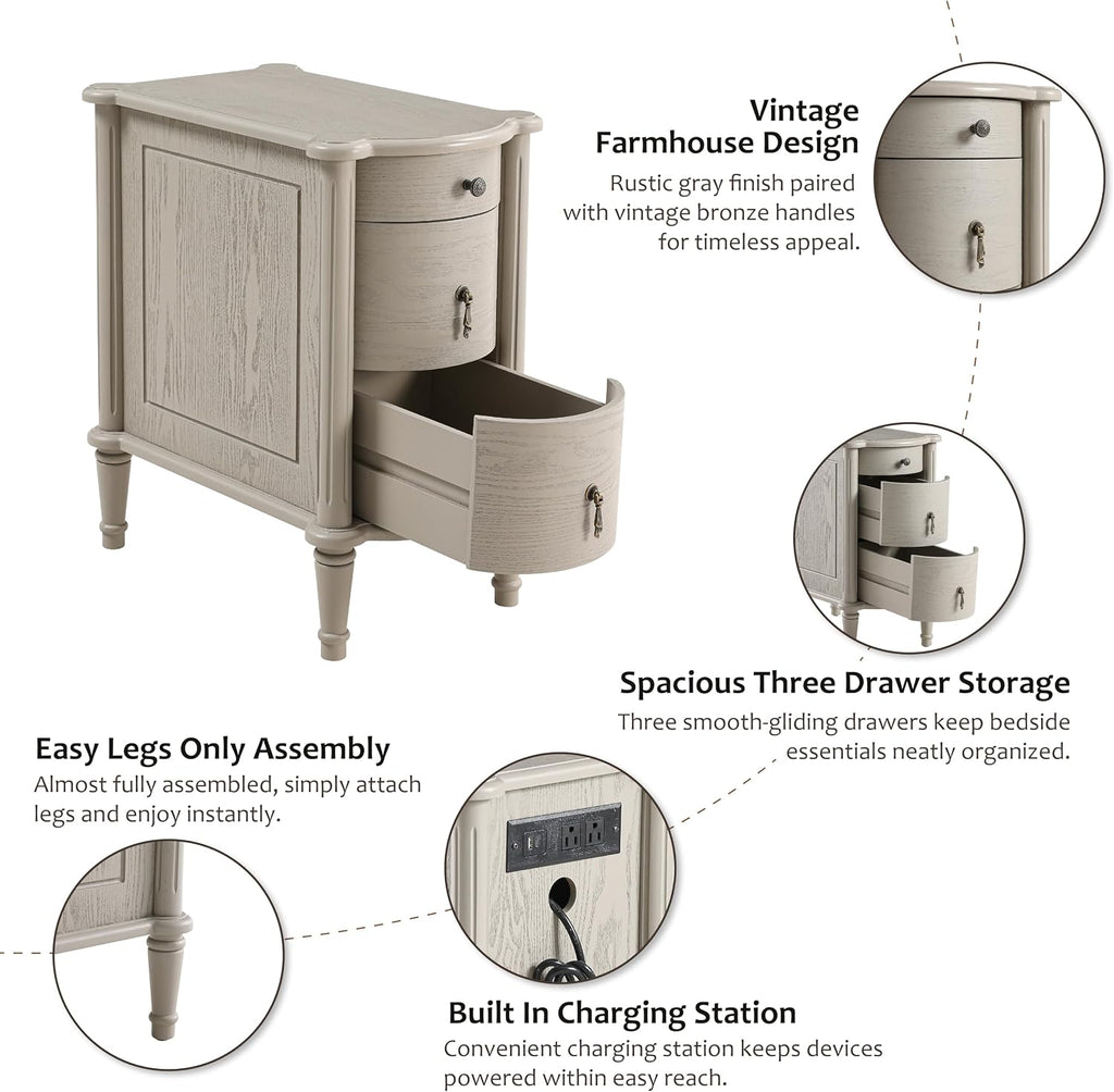 COZAYH Farmhouse 3 Drawer Nightstand with Charging Station, Bedside Table with Vintage Bronze Handles for Bedroom, Almost Fully Assembled, Solid Pine Legs, Distressed Finish, Rustic Gray