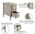 COZAYH Farmhouse 3 Drawer Nightstand with Charging Station, Bedside Table with Vintage Bronze Handles for Bedroom, Almost Fully Assembled, Solid Pine Legs, Distressed Finish, Rustic Gray