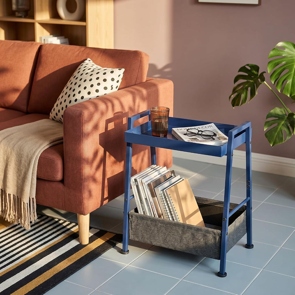Small End Table with Fabric Storage Basket, 2-Tier Modern Metal Side Table with Tray Top, Unique Side Tables, Cute Coffee Table for Living Room, Bedroom, and Small Spaces, Navy Blue