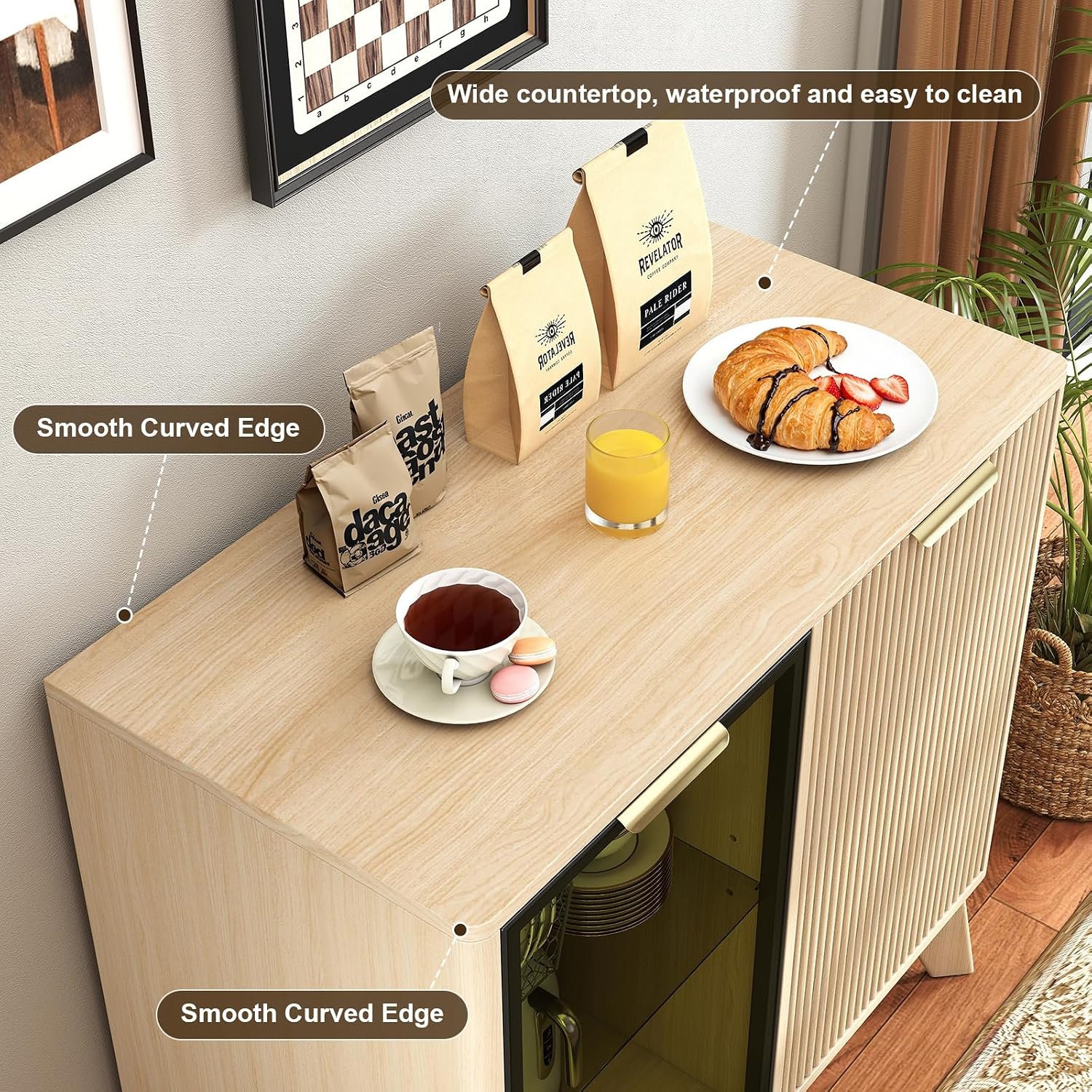 Fluted Buffet Cabinet with Storage, Small Coffee bar Cabinet with Adjustable Shelf for Kitchen, Wood Buffet Cabinet Sideborad with Glass Door, Buffet Storage Cabinets for Living Room