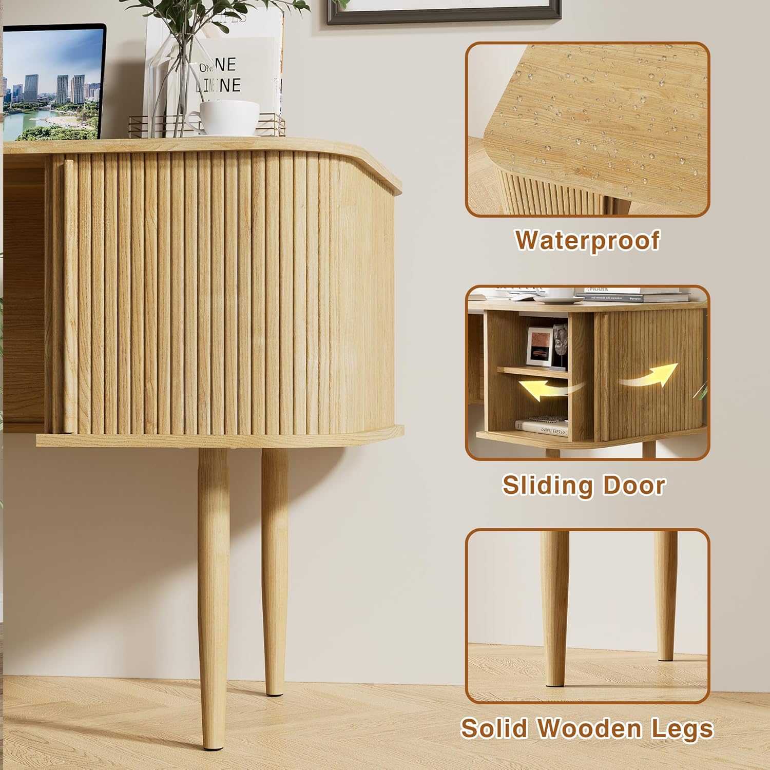 Furniway 55" Modern Writing Desk with Sliding Doors, Wood Home Office Desk with Storage, Computer Desk for Study, Living Room, Dorm, Natural