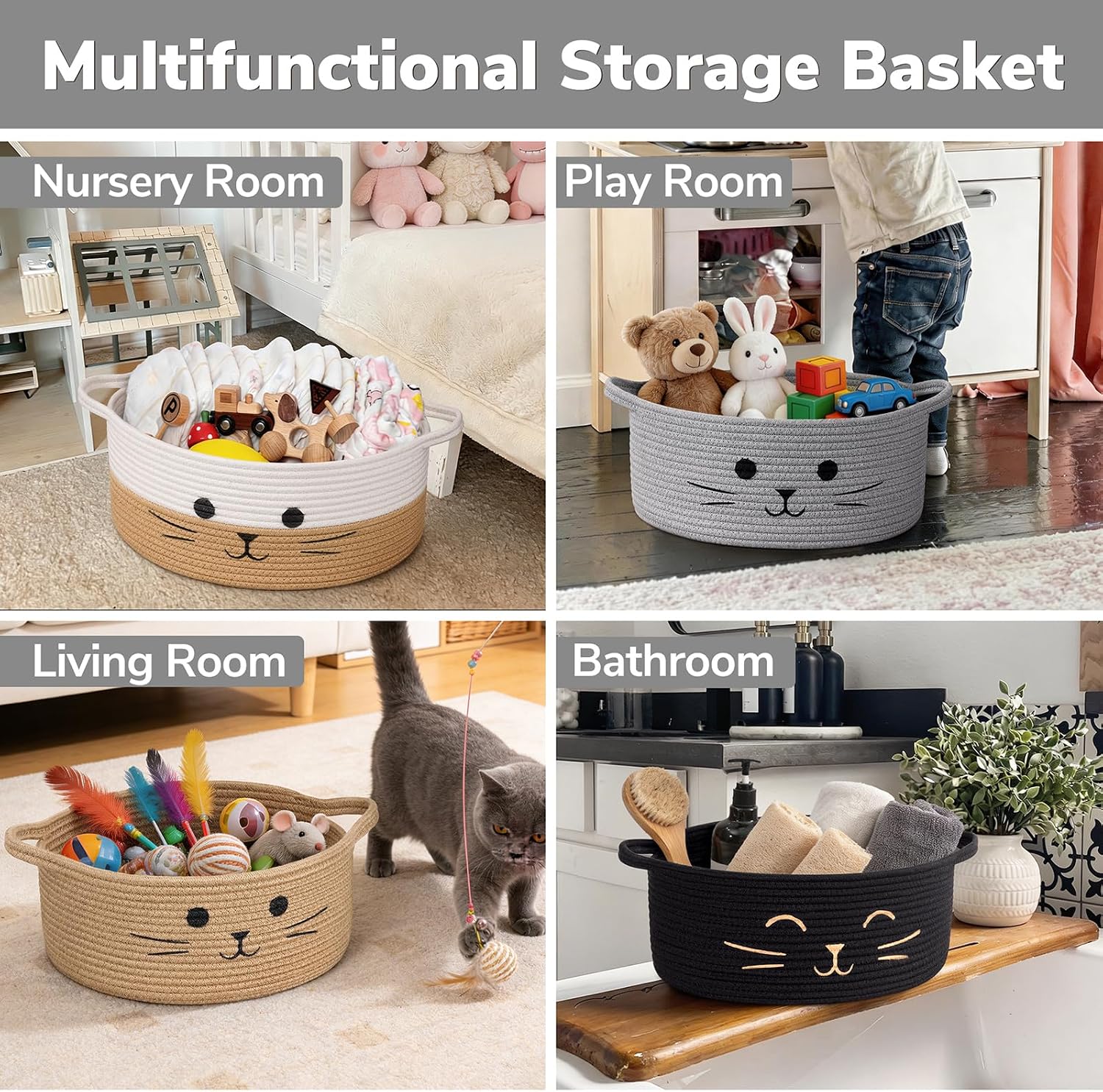 13.8" x 6" Cat Toy Basket, Woven Basket for Living Room Home Décor, Medium Empty Gift Baskets for Nursery, Cotton Rope Baskets for Cats Bed, Grey
