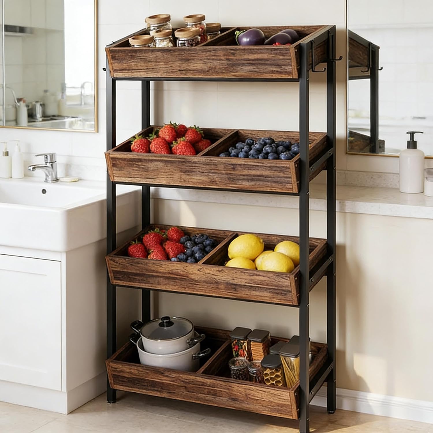 GOWE Stable Wood Storage Organizer,Fruit Vegetable Storage Rack Stand,Wine Rack Stand