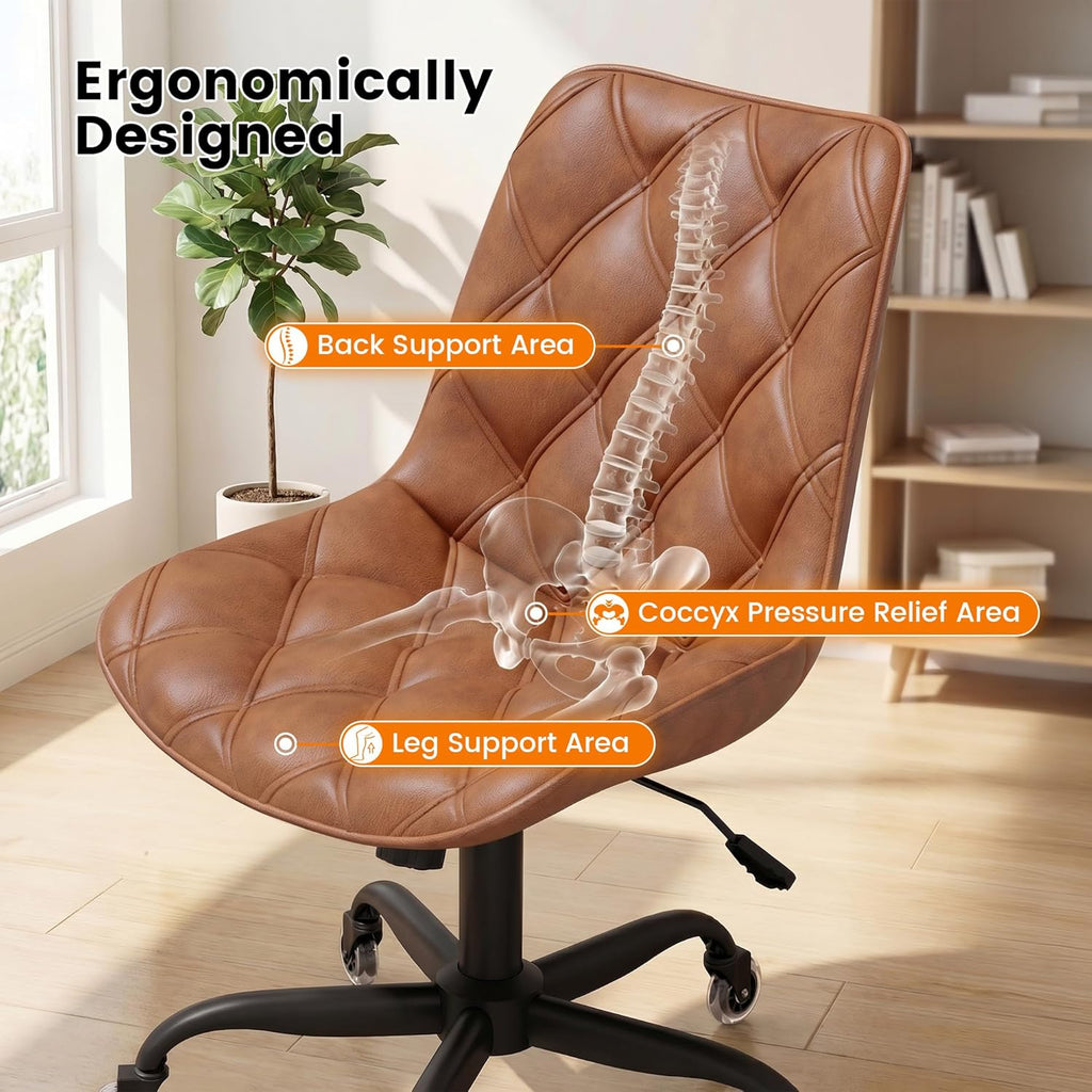 Armless Office Chair, Mid Back Modern Desk Chair with Rubber Wheels, 360 Swivel PU Leather Office Chair No Arms, Adjustable Height Small Computer Chair, Armless Desk Chair for Office, Brown