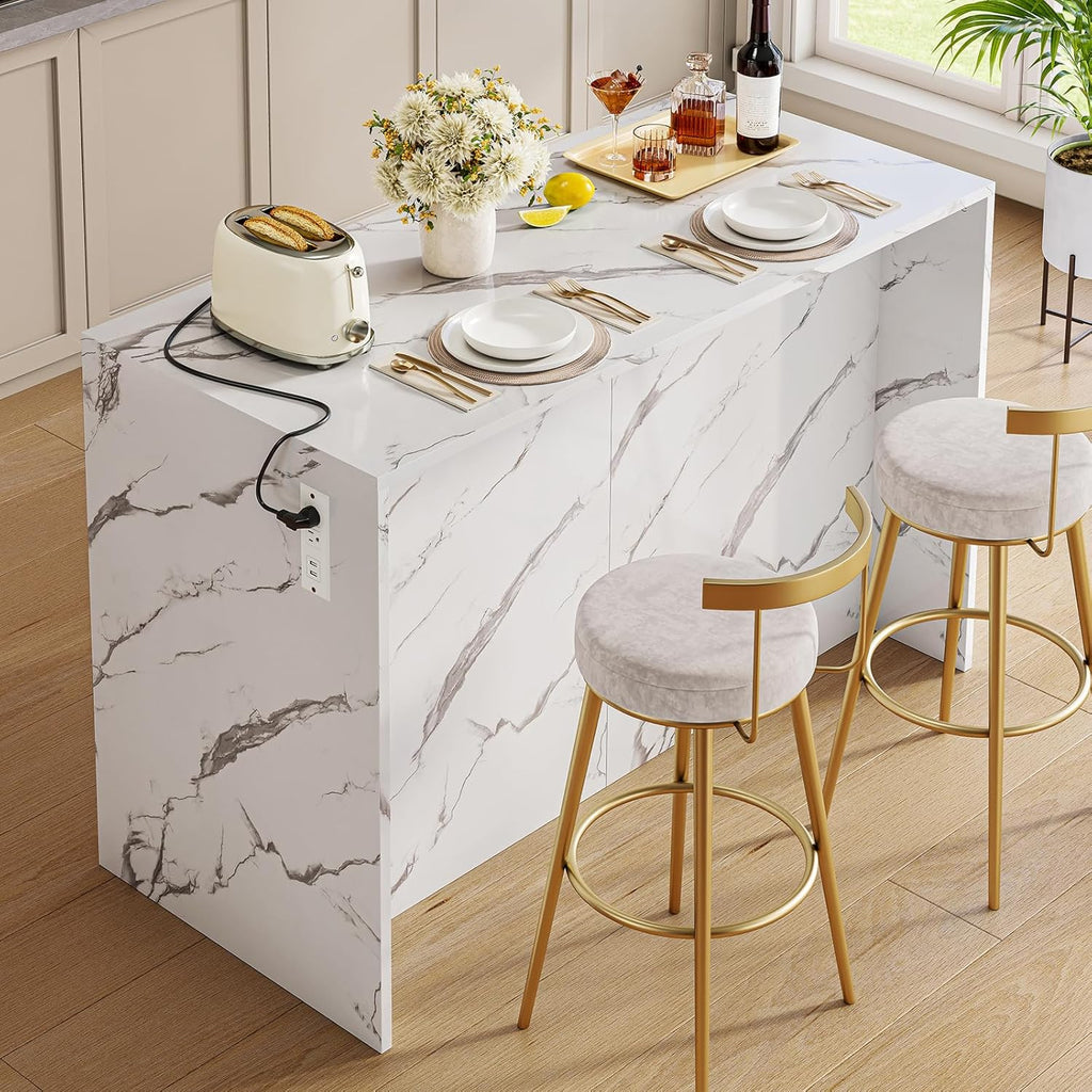 ONBRILL 47.3" Kitchen Island with 2 Storage Cabinets & 4 Drawers, Modern Imitation Marble Dining Table with Power Outlet, Island Bar Table for Kitchen, Dining Room, Living Room, White