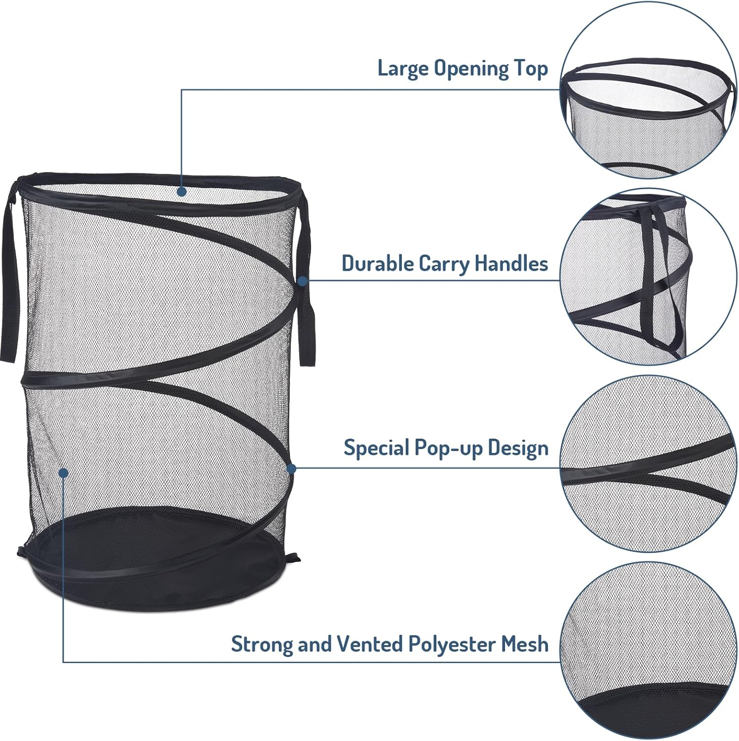 Seiritex Mesh Popup Laundry Hamper 115L Foldable Laundry Basket Extra Large Capacity Collapsible Clothing Storage Basket with Handles 26 H x 18 W x 18 L (Black)