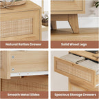 VIAGDO Rattan Nightstand Set of 2 with Charging Station, Natural Rattan Night Stand with 3 Large Wicker Decorated Drawers, Boho Bedside Table, End Side Table, 3 Drawer Dresser for Bedroom