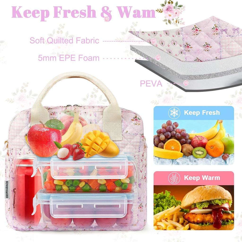 Quilted Lunch Box for Women, Large Insulated Lunch Bag for Adult,Elegant Pink Patchwork Cute Portable Tote Bags for Work Travel Beach Picnic (Purple Patchwork, M)