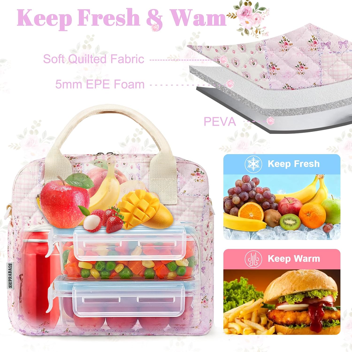 Quilted Lunch Box for Women, Large Insulated Lunch Bag for Adult,Elegant Pink Patchwork Cute Portable Tote Bags for Work Travel Beach Picnic (Purple Patchwork, M)