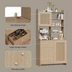 71'' Tall Kitchen Pantry Storage Cabinet, Kitchen Hutch Bar Cabinet with Microwave Stand, Farmhouse Buffet Cabinet w/Drawer, 3 Adjustable Shelf & 3 Rattan Doors for Kitchen, Dining Room (Natural)