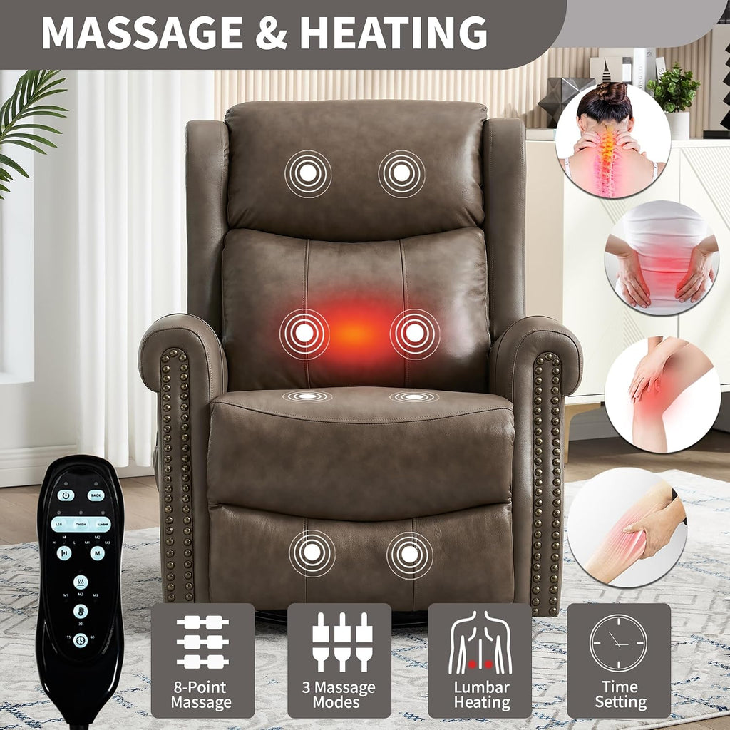 PELUMY Genuine Leather Swivel Rocking Recliner Chair for Adults, 360° Swivel Glider Rocker with Heat & Vibrating Massage, Lounge Chair for Living Room, Bedroom, Nursery Grey