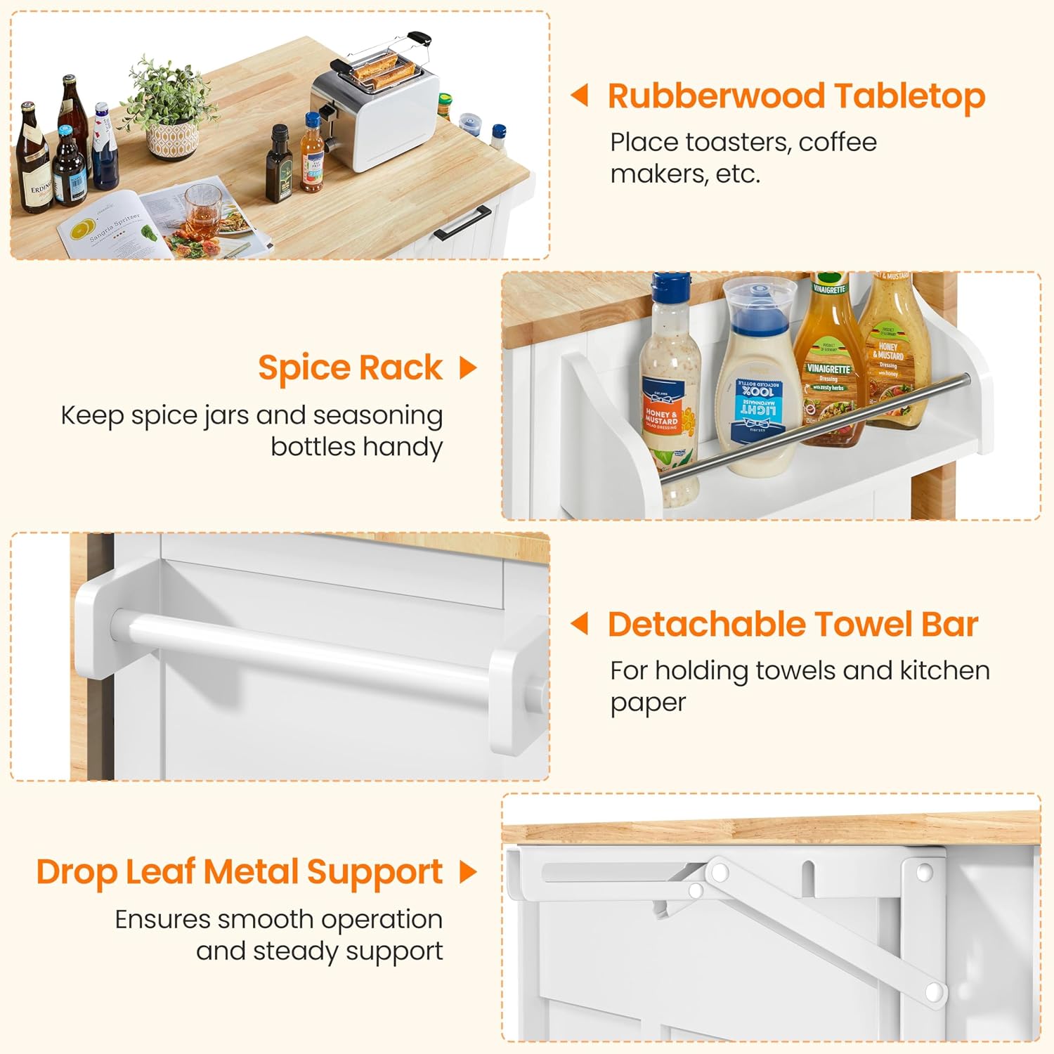 Yaheetech Kitchen Island Cart with Drop Leaf, Kitchen Breakfast Bar on 5 Universal Wheels with Storage Cabinet, Rubberwood Top, 3 Drawers, Spice Rack for Dining Room, 49W x 29.5D x 36H, White