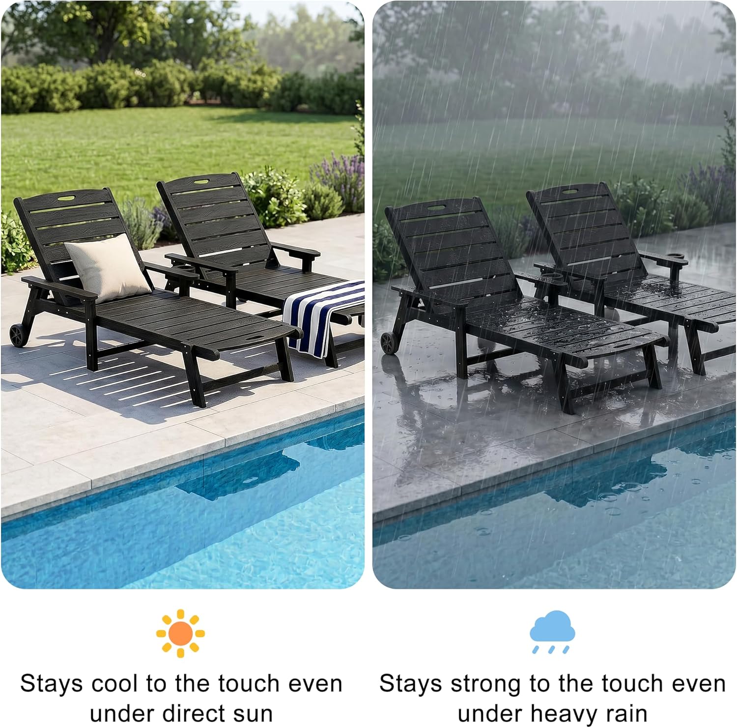 Outdoor Lounge Chair Set of 4 with 5-Position Adjustable, Outside Lounge Chair with Cup Holder, Wheels for Easy Mobility, HDPE Tanning Chair for Poolside, Patio, Black