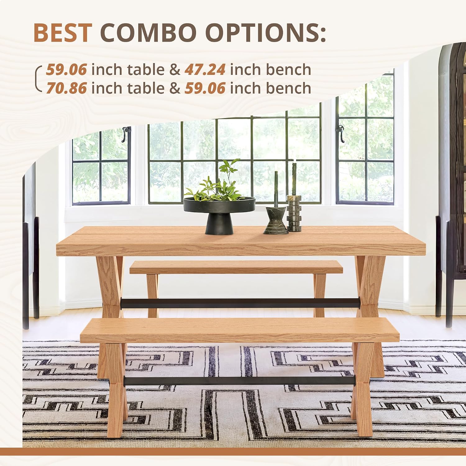 LUE BONA 47 inch Dining Bench with Solid Wood, Farmhouse Kitchen Bench with Natural Wood Grain, Heavy Duty Rectangular Kitchen Dining Chair for Home and Dining Room, Oak Grain-Natural Color