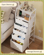 WLIVE LED Nightstand with Charging Station, White Dresser with 5 Fabric Drawers for Bedroom, Tall Night Stand with Open Shelves, Bed Side Tables Living Room