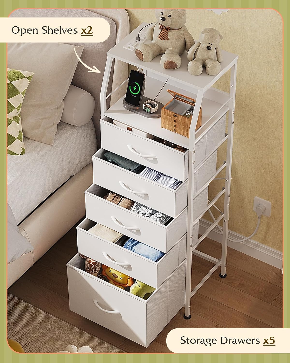 WLIVE LED Nightstand with Charging Station, White Dresser with 5 Fabric Drawers for Bedroom, Tall Night Stand with Open Shelves, Bed Side Tables Living Room