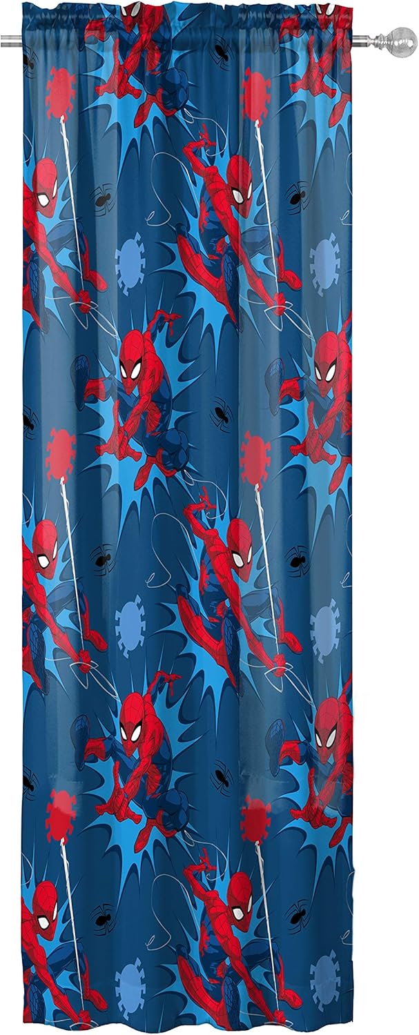 Jay Franco Kids Window Drapes - 4 Piece Curtain Set Includes 2 Tiebacks, Beautiful Bedding Room Décor and Easy Set Up, Blue - Spiderman, 63 Inch
