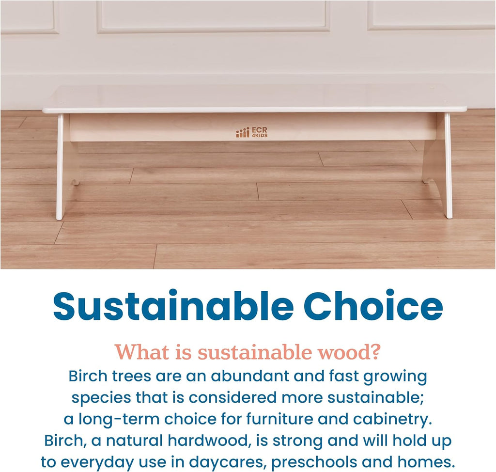 ECR4Kids Kiddo Classroom Bench, 12in Seat Height, Wooden, Children's Furniture, White Wash