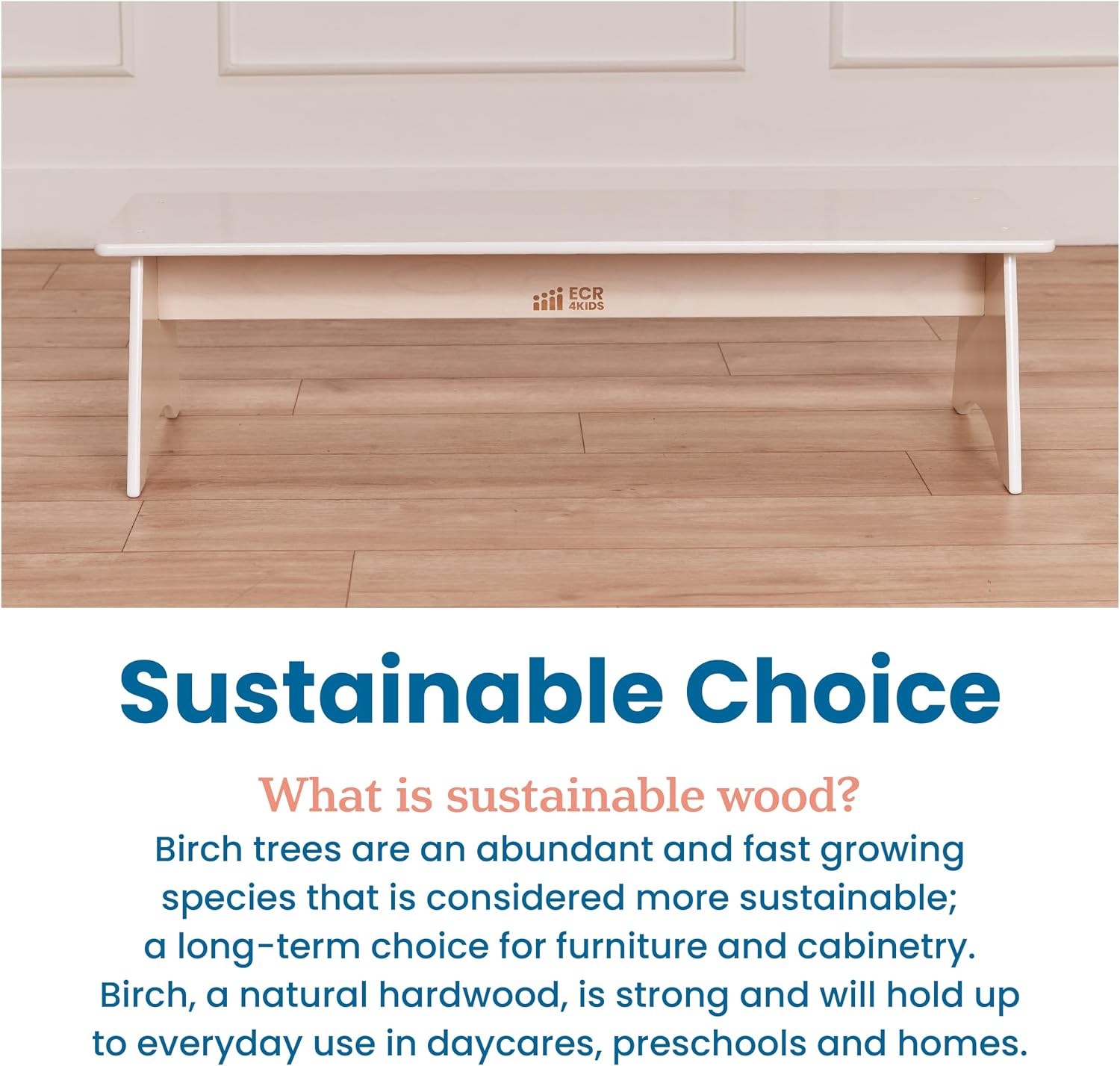 ECR4Kids Kiddo Classroom Bench, 12in Seat Height, Wooden, Children's Furniture, White Wash