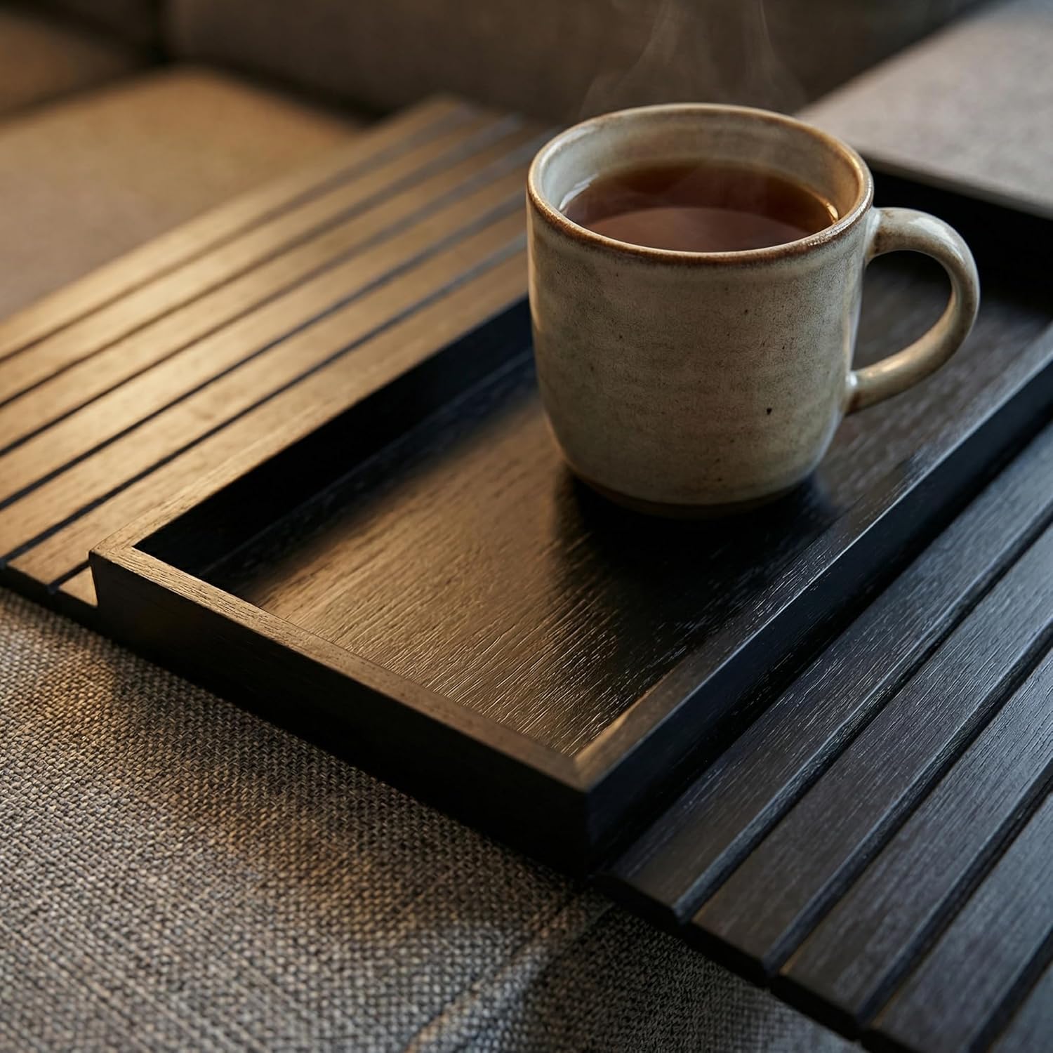 Couch Armrest Table, Bamboo Couch Cup Holder, Couch Cup Holder Tray, Sofa Arm Tray, Armchair Caddy 12.4" x 5.5" with Nonslip Felt Bottom, Sturdy Bamboo Slats for Armrests 6" and Wider (Brown)