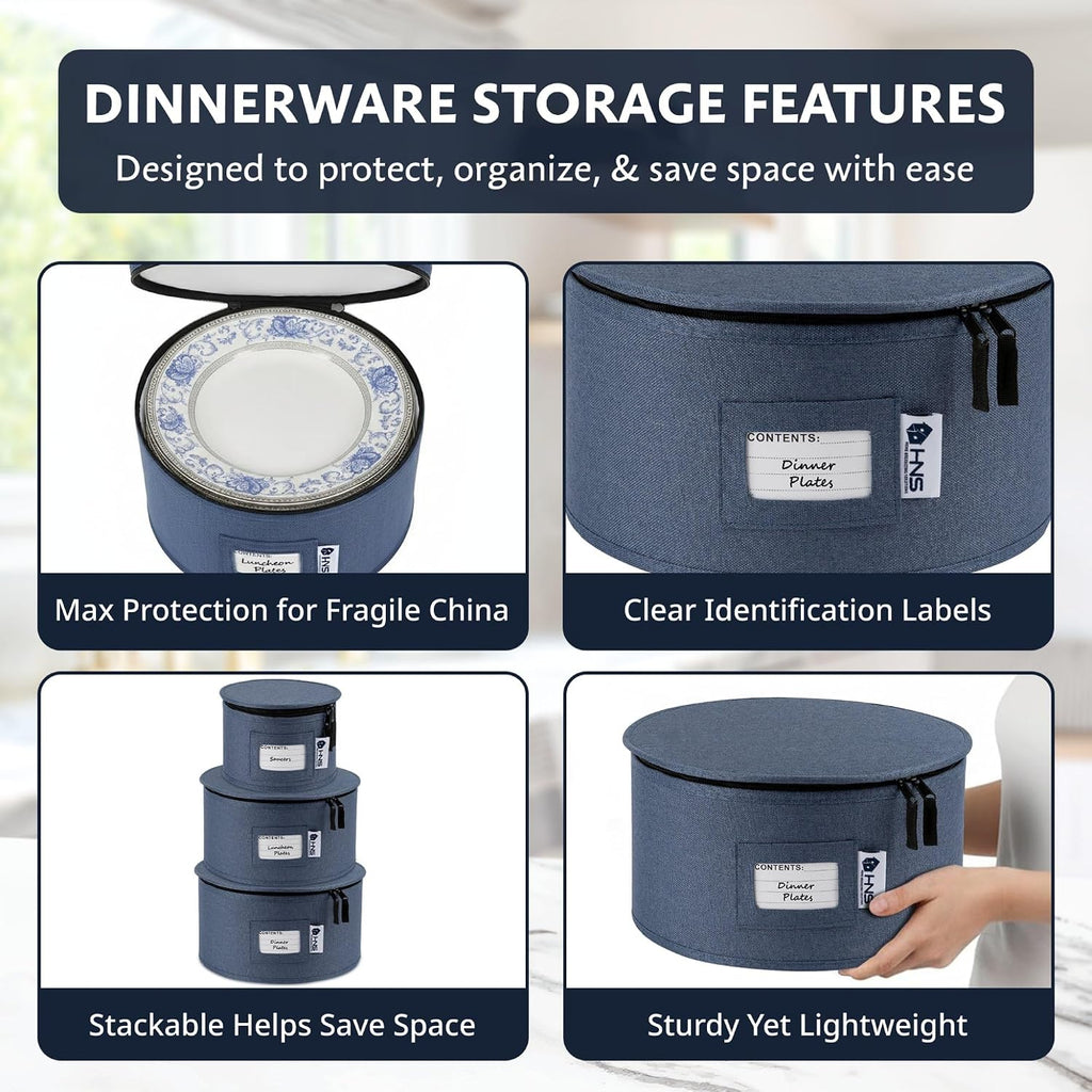 China Storage Hard Shell Containers 5-Piece Set Moving Boxes for Dinnerware, Glasses, Plates, Mugs and Saucers Sturdy Dish Organizer with Dividers for Seasonal Storage - Service for 12 - Denim Blue