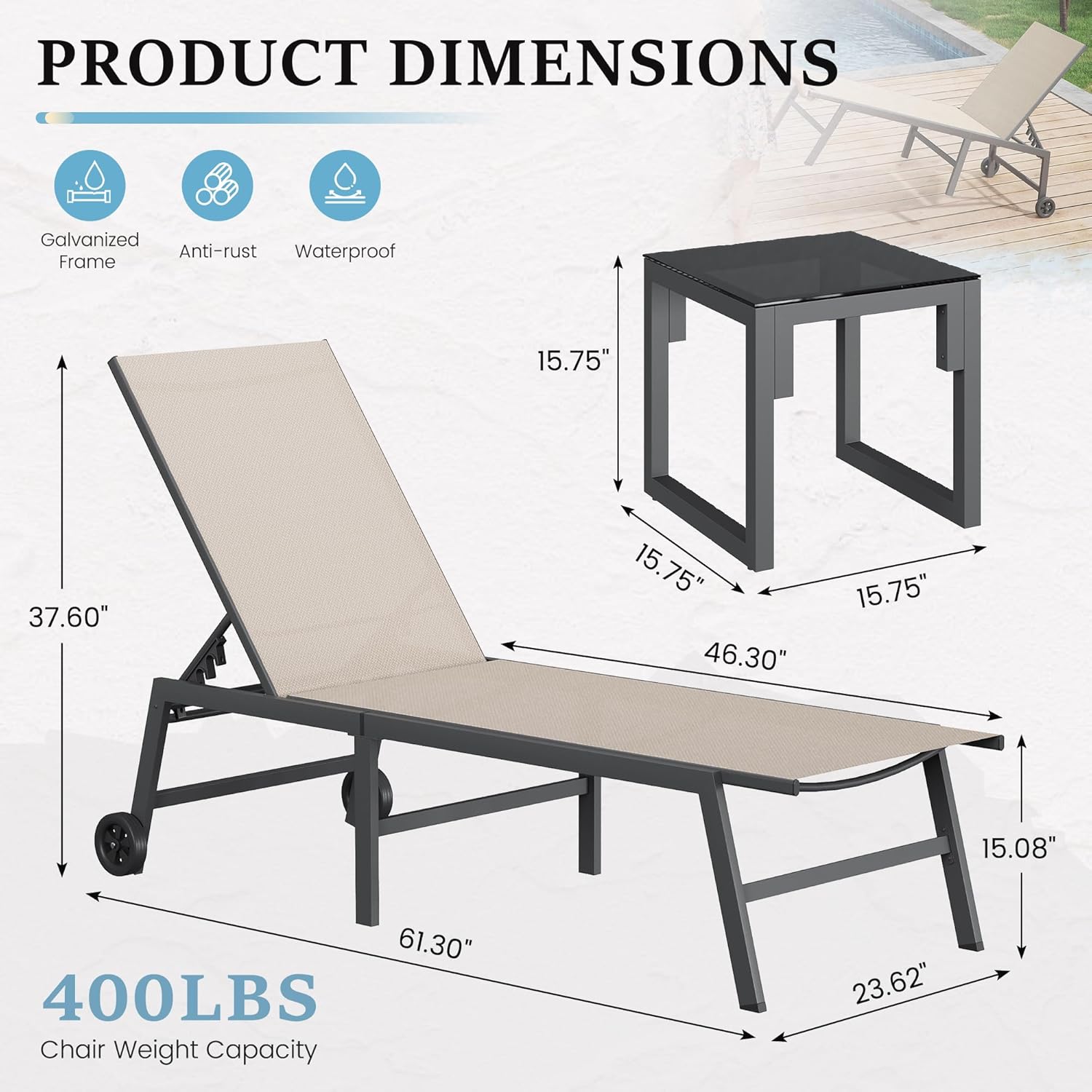 UDPATIO 3 Piece Outdoor Lounge Chair Set 2 Adjustable Textilene Chaise Lounges with Wheels & Side Table 5-Position Reclining Rust Free Patio Chairs for Poolside Backyard Garden Deck Beach