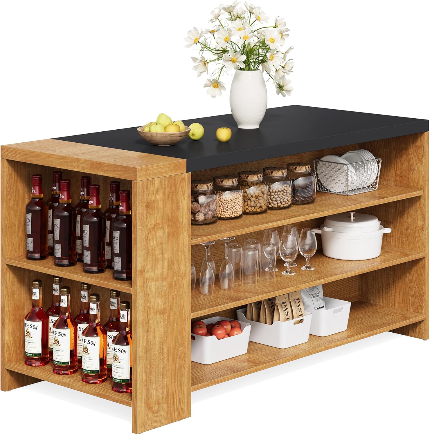 Little Tree 55 Inches Kitchen Island, 4-Tier Kitchen Storage Cabinet with Large Worktop & Leg Room, Modern Wooden Kitchen Stationary Island for Dining Room, Coffee Bar Cabinet for Living Room, Oak