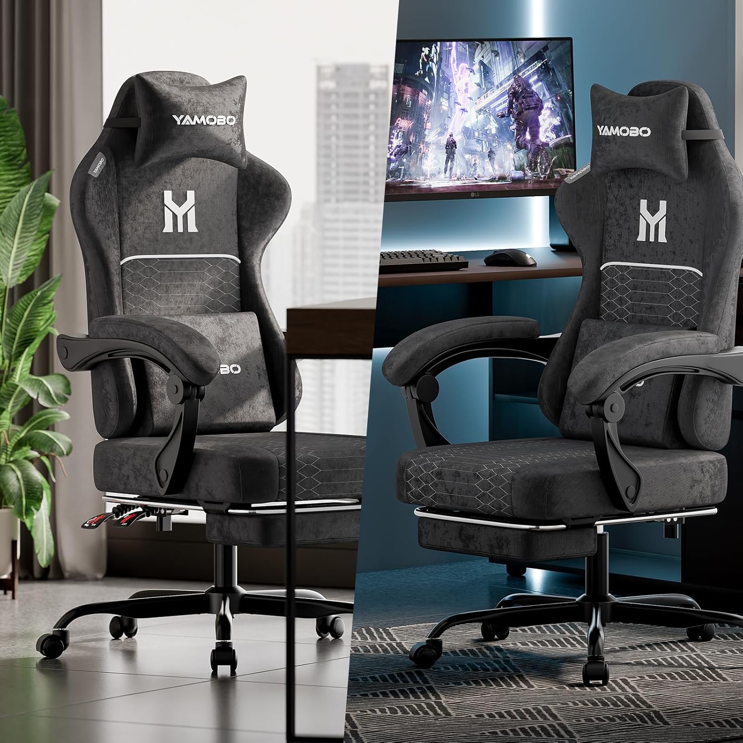 Gaming Chair with Footrest, Ergonomic Video Game Chair with Adjustable Lumbar and Headrest Massage Support, High Back Recliner Comfortable for Office, Game and Study, Black