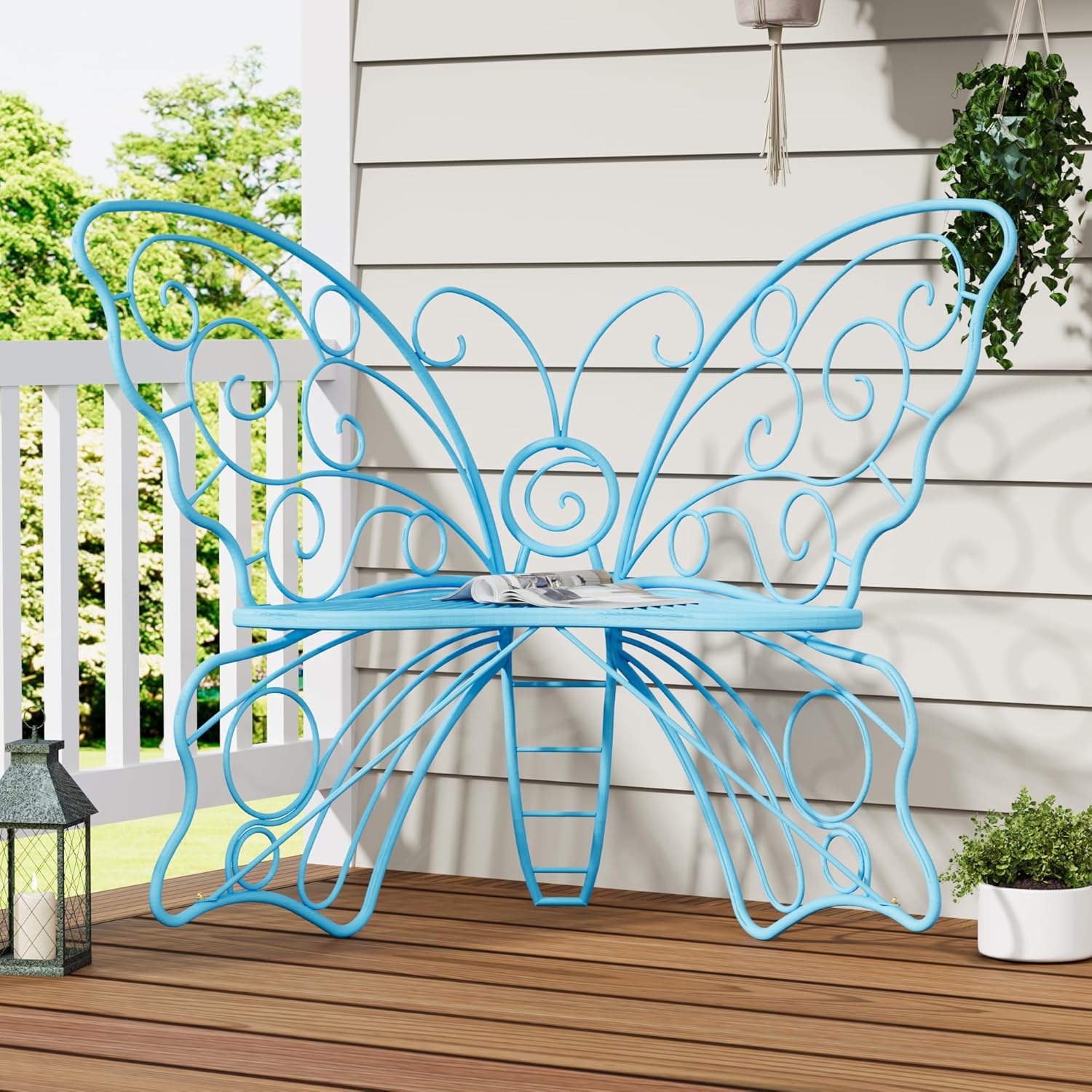 49 Inch Outdoor Bench, Blue Garden Bench with Metal Frame, Weatherproof Butterfly Front Porch Benches for Lawn, Garden, Yard, Balcony