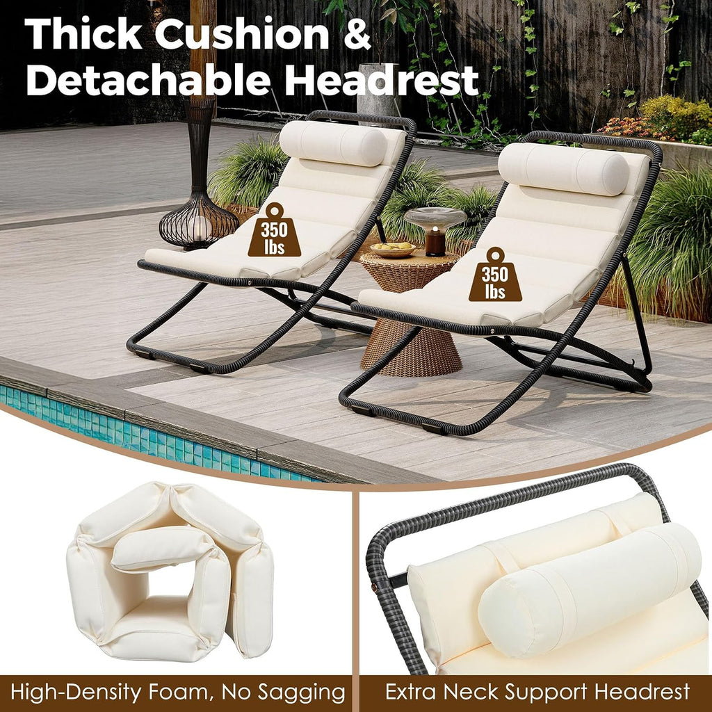 Outdoor Folding Lounge Chair Set of 2, Rattan Outdoor Patio Sling Chairs with Adjustable Backrest, Thick Cushioned & Detachable Headrest, Portable Beach Sling Chair for Poolside Backyard (Black)