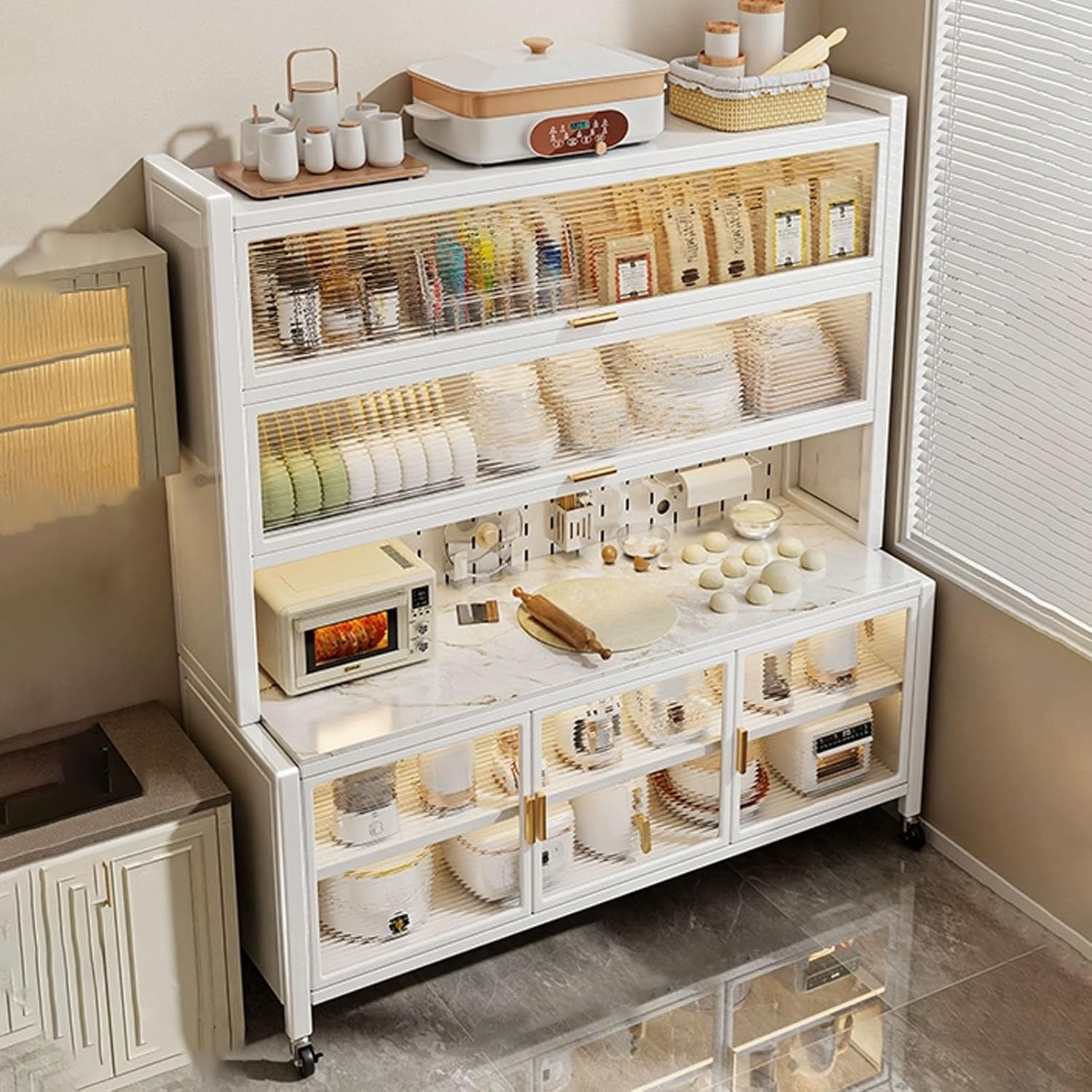 JKGHK Kitchen Pantry Storage Cabinet, Kitchens Baker's Rack with Acrylic Cabinet Door, Buffet Cabinets On Wheels with Pegboard, for Garage Pantry Home Spices(White,47x69in)