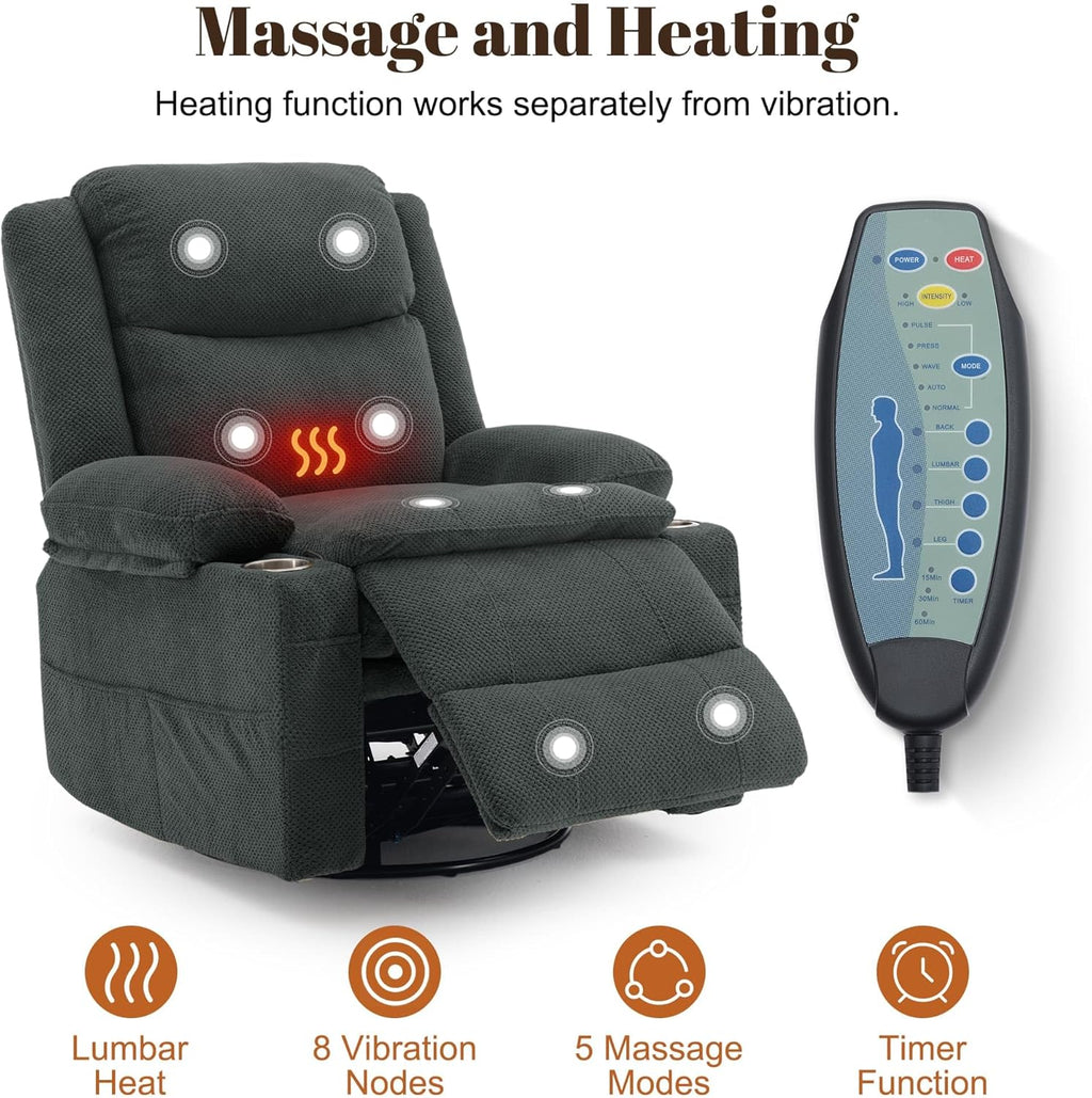 Korser Recliner Chair, 360° Swivel Rocker Recliner for Adults, Rocking Recliners with Massage & Heat, Nursery Rocking Chairs with Cup Holders, Manual Reclining Glider for Living Room, Nursery, Gray