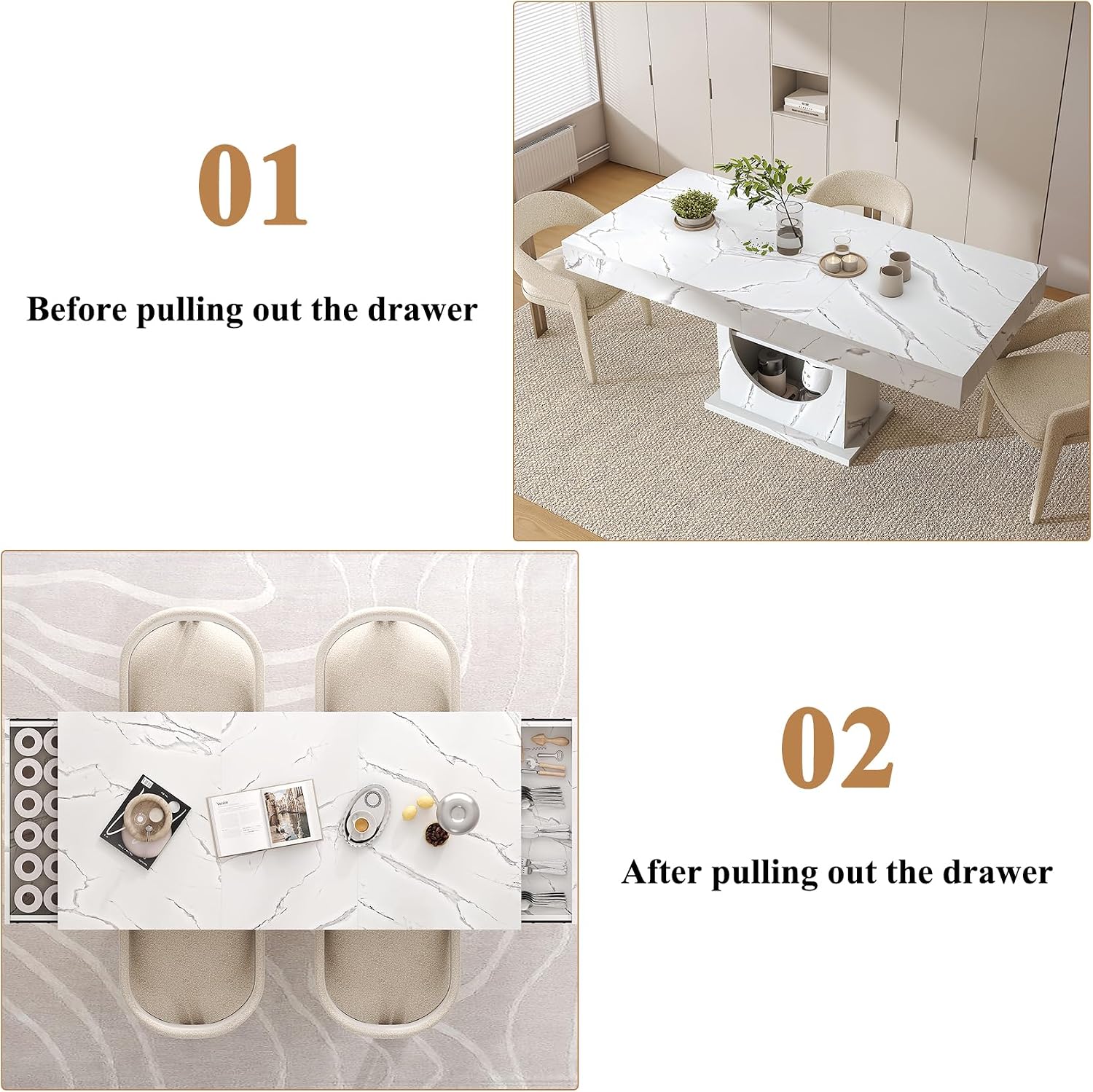 Dining Table for 4-6 People, 55 Inches Dinner Table with Drawers and Open Storage, Wooden Pedestal Base, Rectangular Farmhouse Kitchen Table for Kitchen, Living Room, Marble White