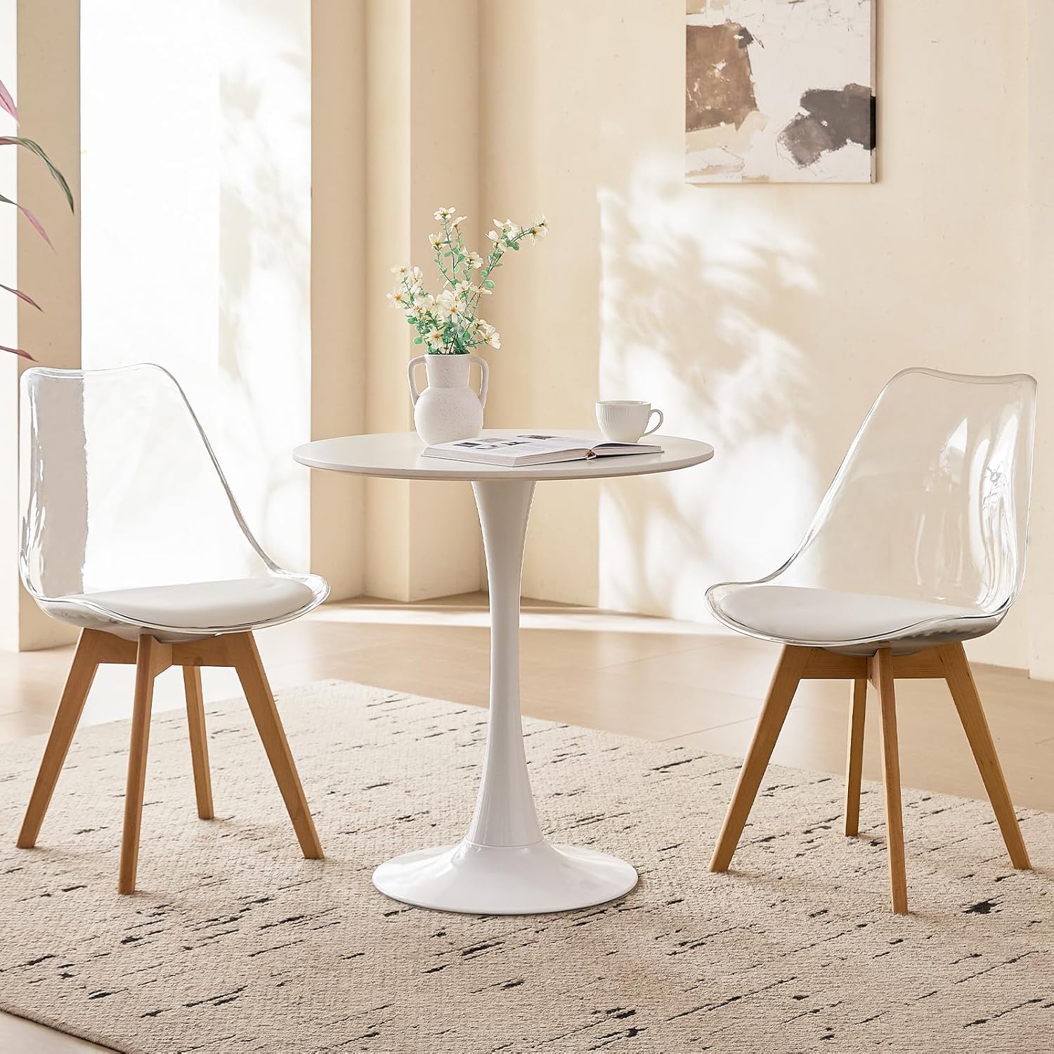 23.6" Round Dining Table for 2-4 Modern Circle Tulip Table with Metal Tulip Pedestal Base for Kitchen Dining Living Room Apartment Small Space Cafe, White
